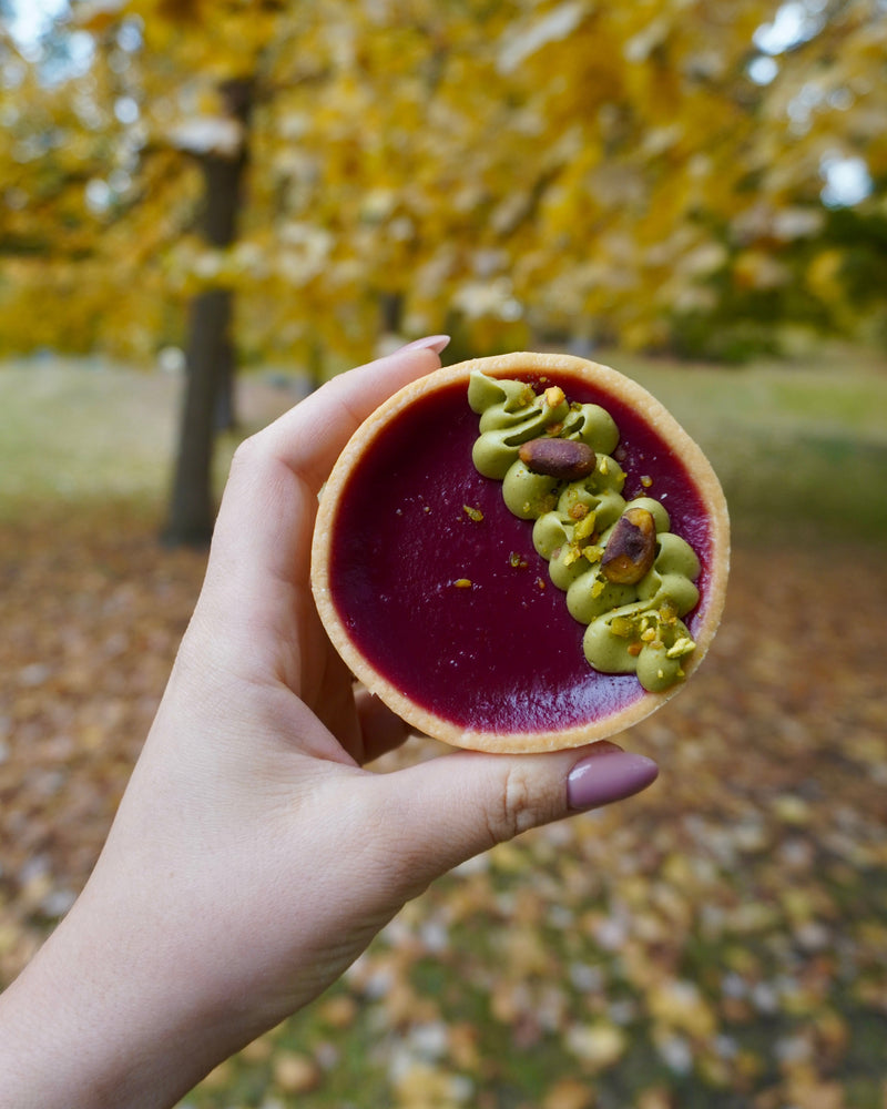 
                  
                    Load image into Gallery viewer, Hand holding a cranberry dessert tart with pistachio against a blurred autumn background
                  
                